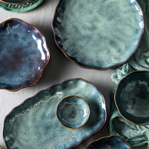 Color Blue Glaze Lotus Leaf Fog Green Bowl Plate Set Ceramic Dinnerware Sets Porcelain Dinner Set