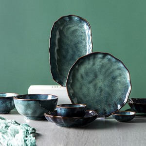 Color Blue Glaze Lotus Leaf Fog Green Bowl Plate Set Ceramic Dinnerware Sets Porcelain Dinner Set