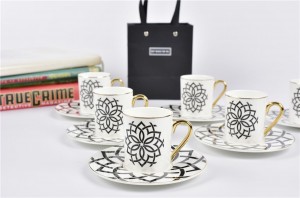 China Cheap price Custom Case Traveling Cutlery -
 Van Cleef shape New bone china Espresso cup&saucer set , 90cc Espresso Cups with Saucers, cups with Golden Handle, for Espresso and coffee, Pa...