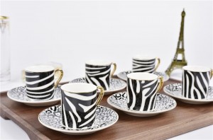 Van Cleef shape New bone china Espresso cup&saucer set , 90cc Espresso Cups with Saucers, cups with Golden Handle, for Espresso and coffee, Pattern Design (Set of 6)