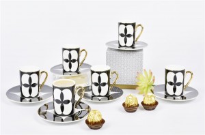 Van Cleef shape New bone china Espresso cup&saucer set , 90cc Espresso Cups with Saucers, cups with Golden Handle, for Espresso and coffee, Pattern Design (Set of 6)